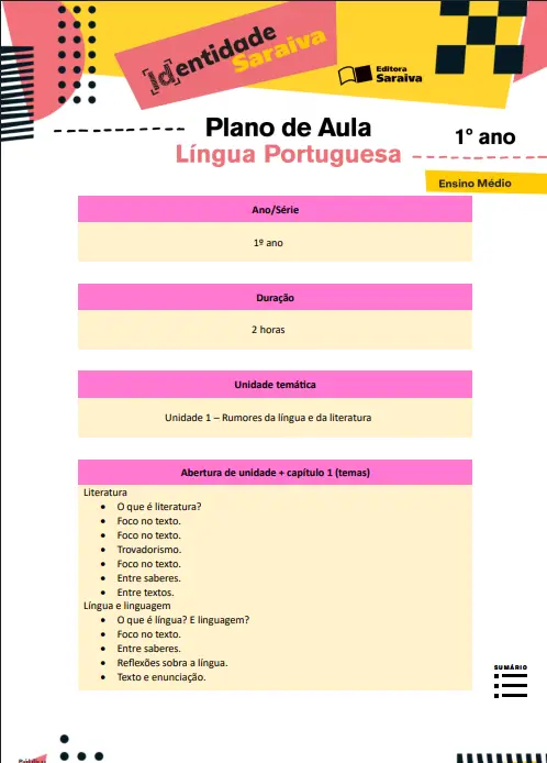 Capa - Identidade Saraiva Língua Portuguesa - Plano de aula Ensino Médio